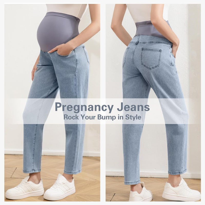 Coukula Women's Maternity Jeans Over Belly, Comfy Stretch Boyfriend Jeans, Loose Pregnancy Pants with Pockets - Image 4